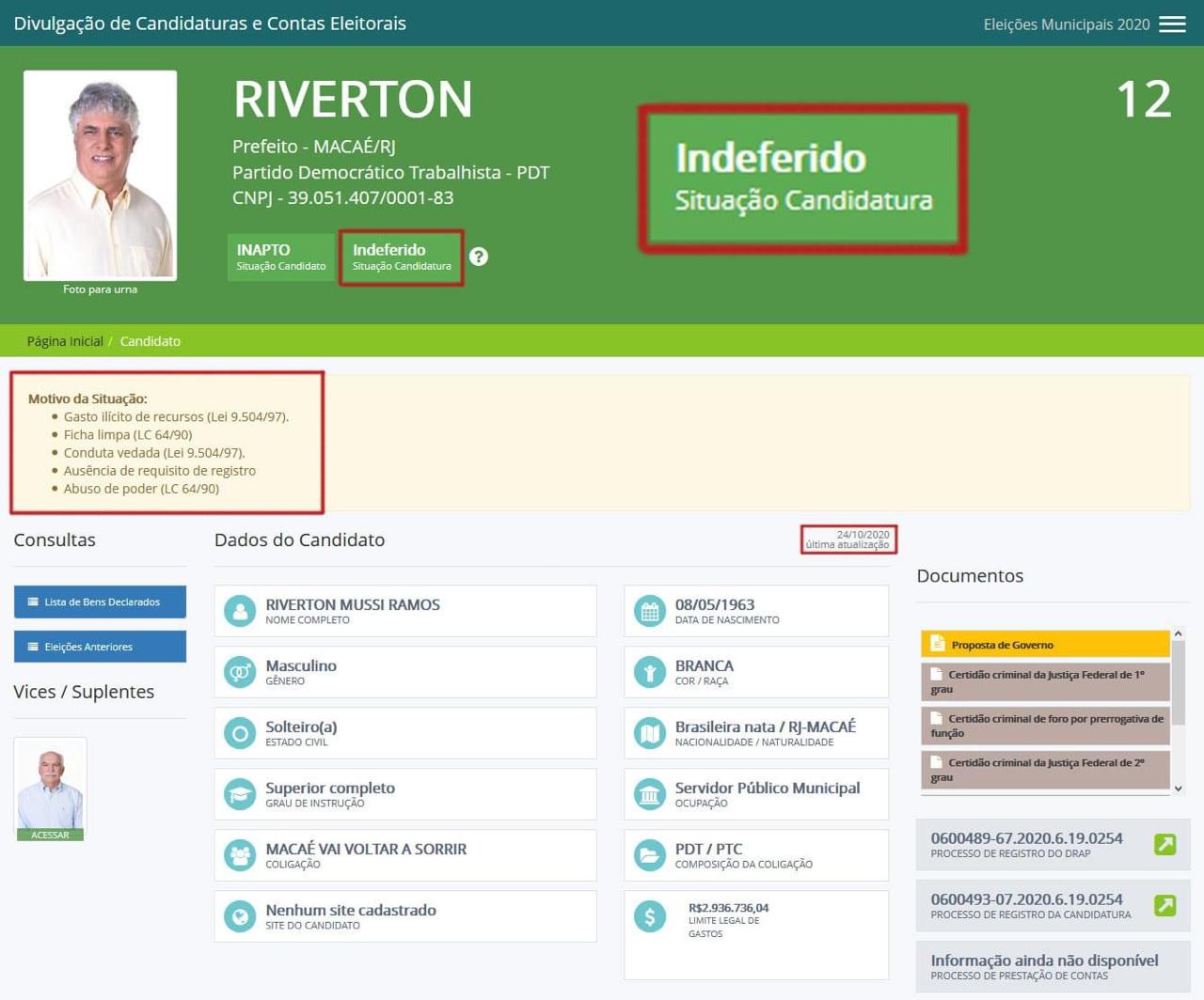 Macaé: registro de candidatura negado de Riverton Mussi já consta oficialmente em site do TSE