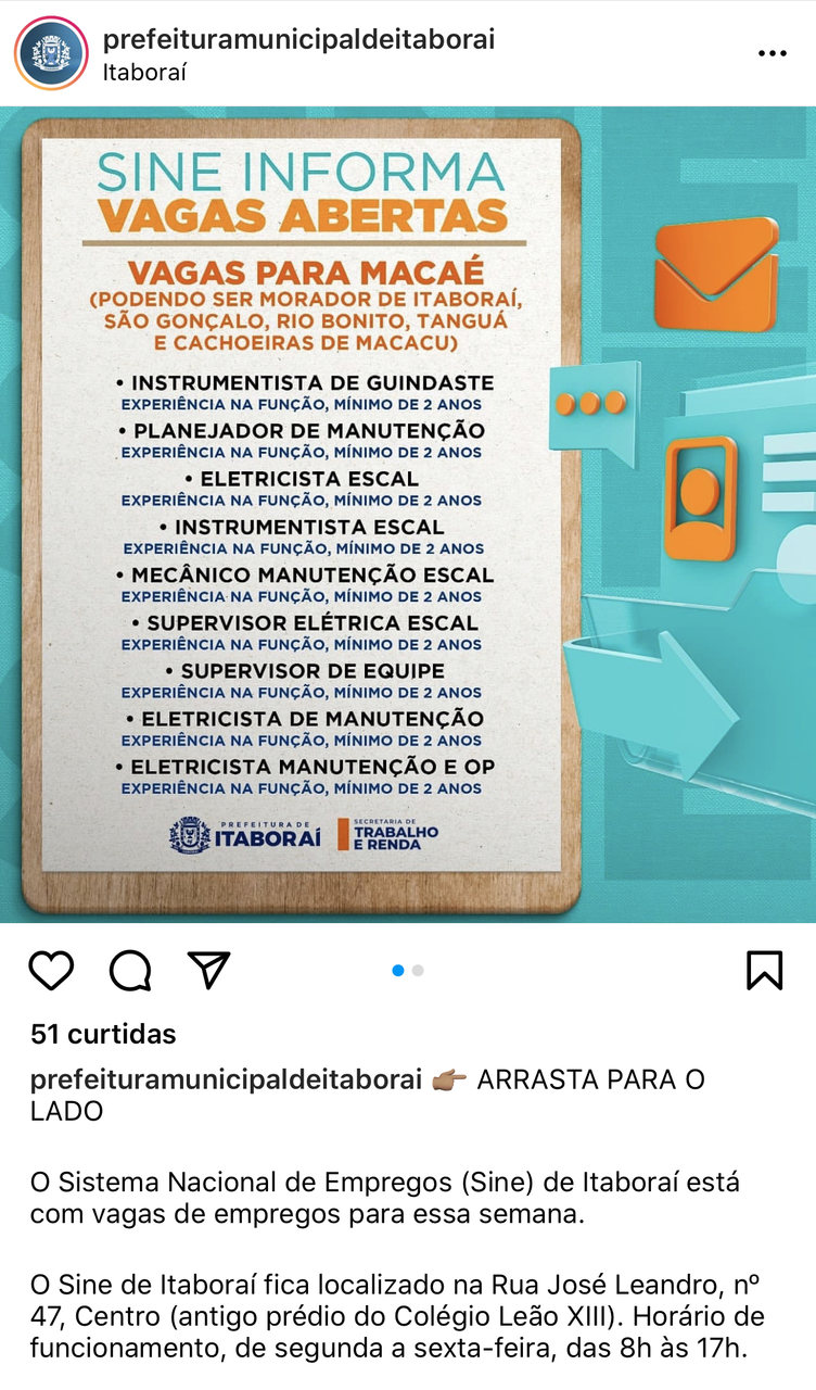 Prefeitura de Itaboraí ‘anuncia’ vagas de trabalho em… Macaé e ‘abre a oportunidade’ para outras 4 cidades. Veja!