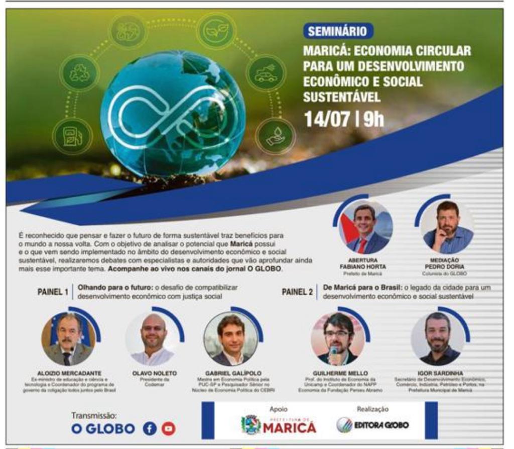 Maricá: ‘Economia Circular, Desenvolvimento Sustentável e Justiça Social’ é tema de seminário promovido por O GLOBO