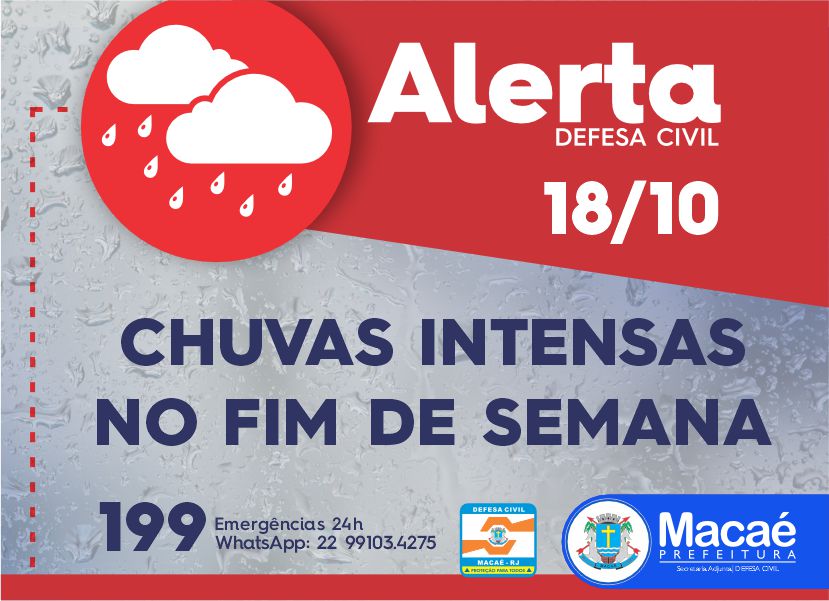 Defesa Civil alerta para risco de chuvas Intensas neste fim de semana