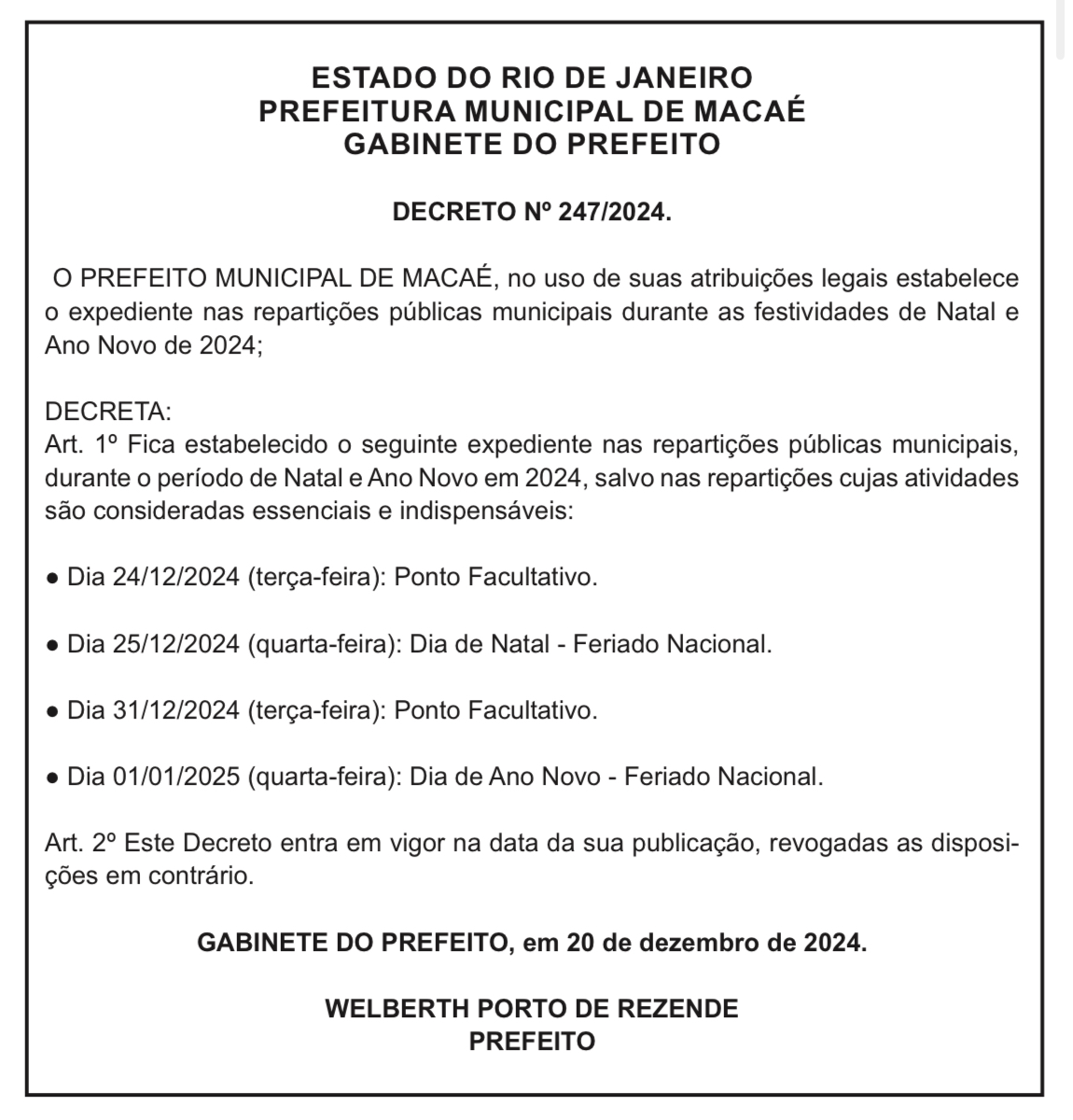 Prefeitura decreta Ponto Facultativo no período de festas de fim 2024