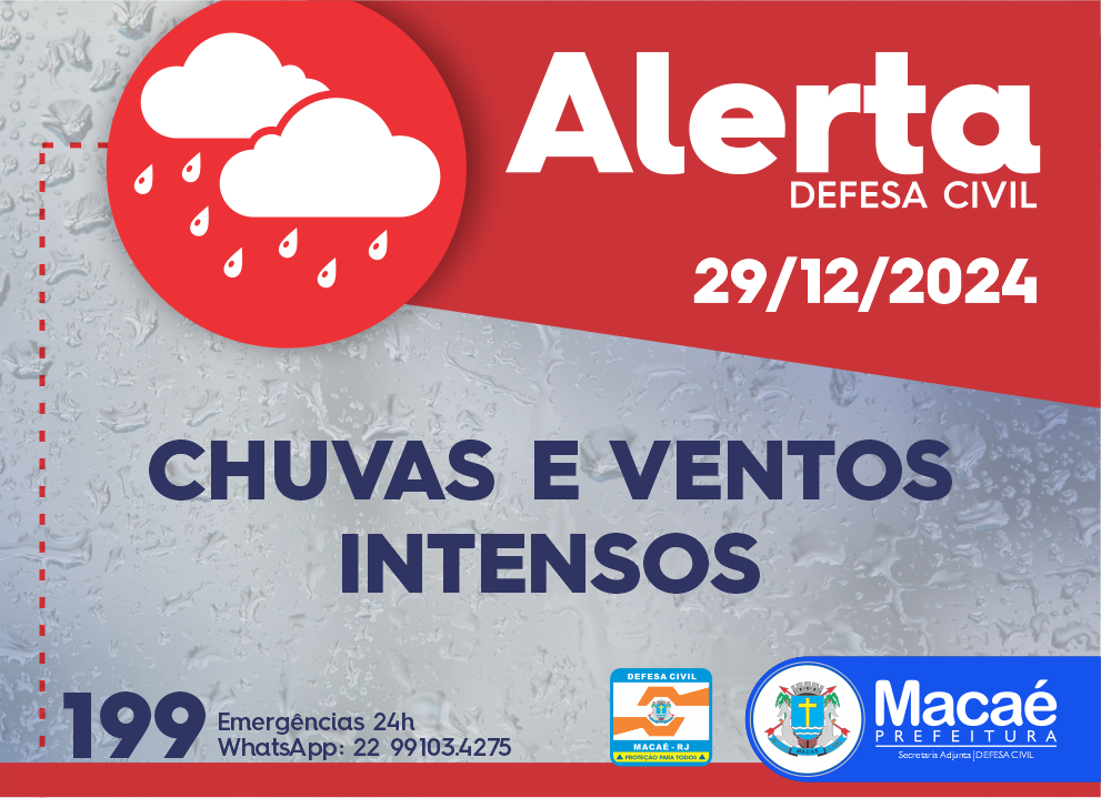 Defesa Civil divulga alerta de chuvas e ventos intensos